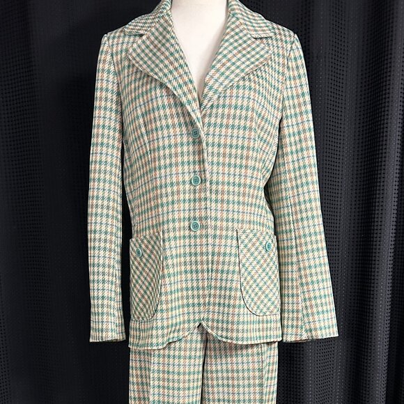 Vintage 70s Houndstooth Leisure Suit Women Jacket Pant Polyester Mod Disco - Picture 1 of 14